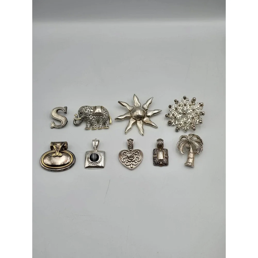 Lot of 9 Jewelry OS Silver Good Pendants‎ Brooches Elephant Sun Heart pendant